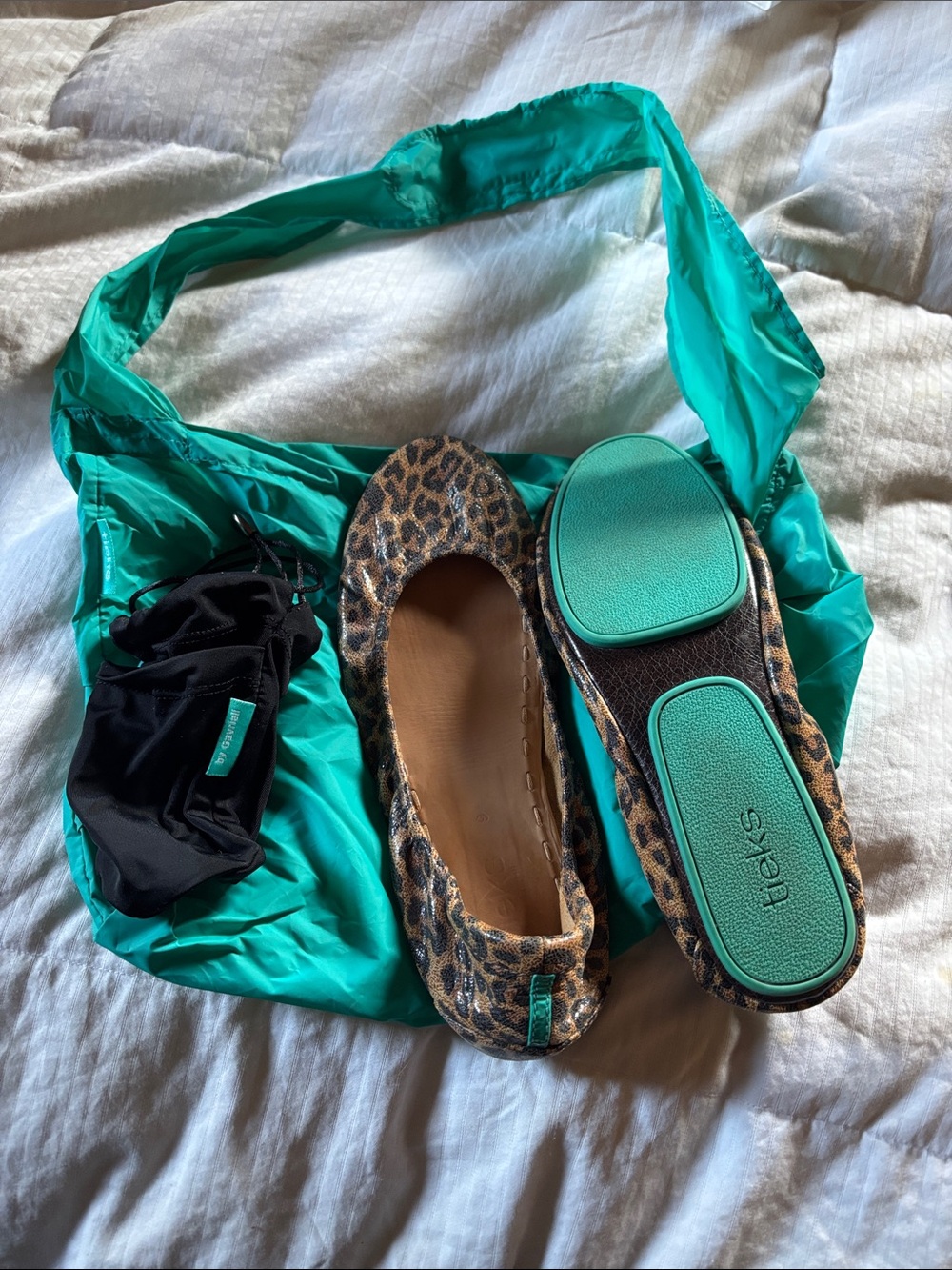 Tieks Leopard Ballet Flats with Teal Soles